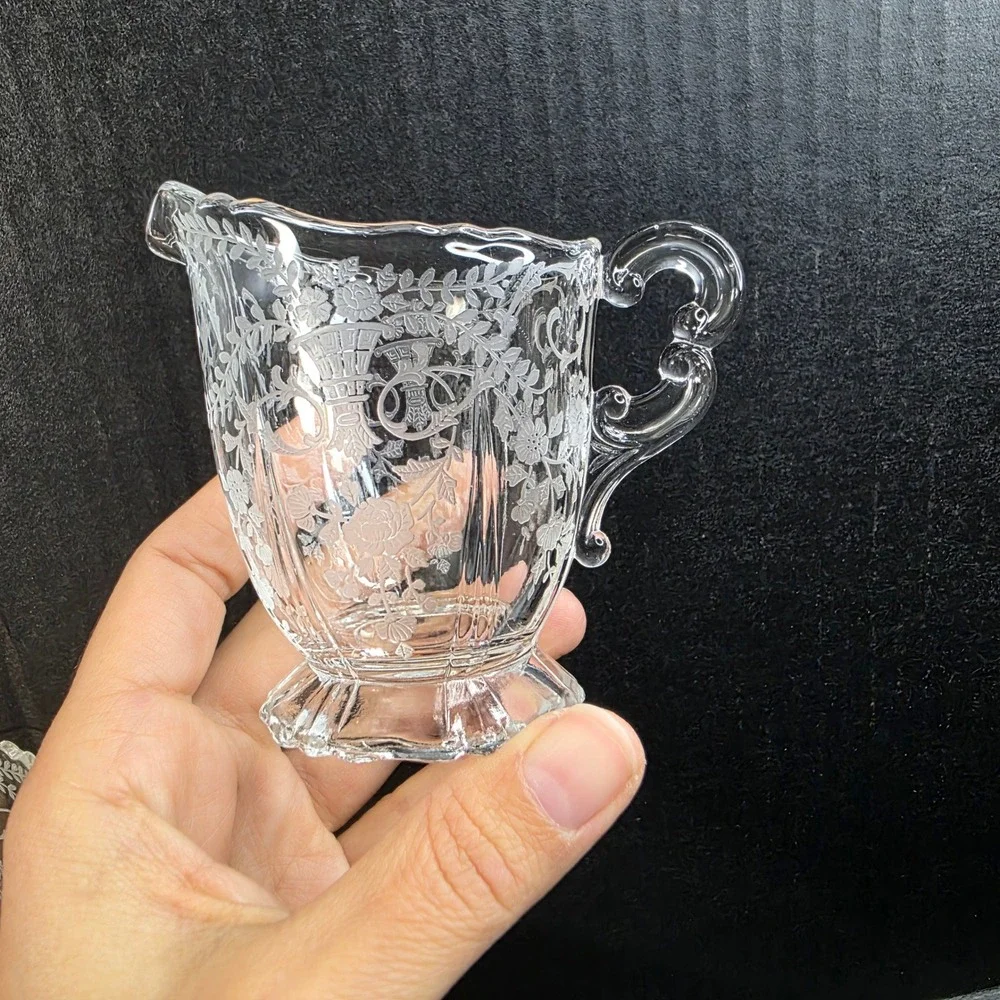 Crystal Glass Creamer and Sugar Bowl Set Etched Filigree Floral Holiday Wedding